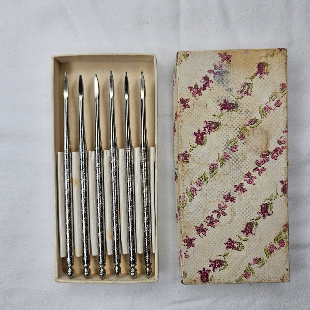 Vtg 1950s Silver Tone Nut Pick Set of 6 w Original Floral Box Spiral Handle